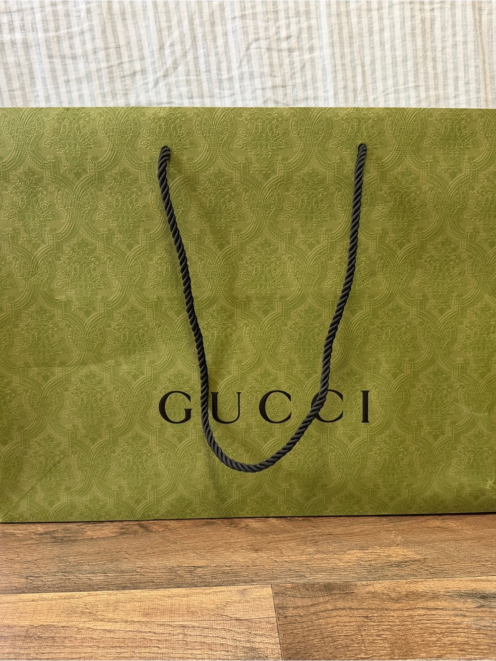 Gucci Olive Green Embossed Shopping Bag with Black Rope Handles